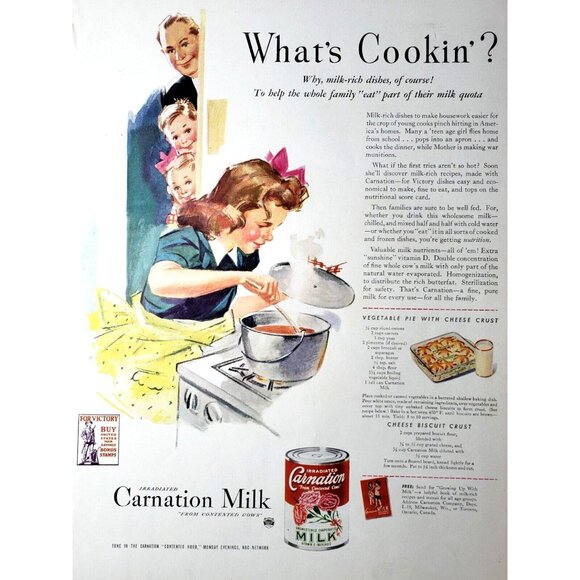 PRINT AD 1943 Irradiated Carnation Unsweetened Evaporated Milk Whats Cookin Girl - Picture 1 of 3